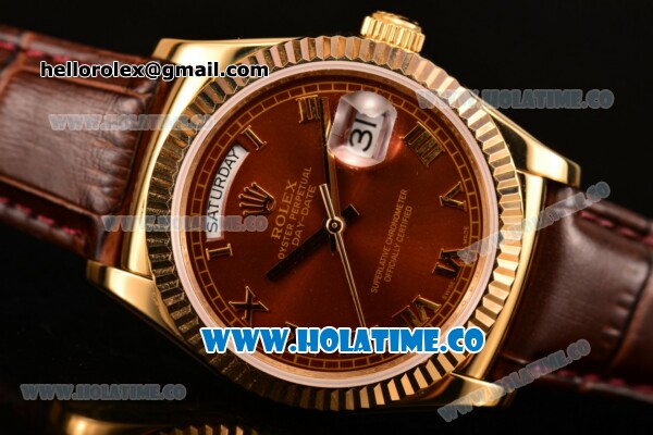 Rolex Day-Date Asia 2813/Swiss ETA 2836/Clone Rolex 3135 Automatic Yellow Gold Case with Roman Numeral Markers and Brown Dial (BP) - Click Image to Close